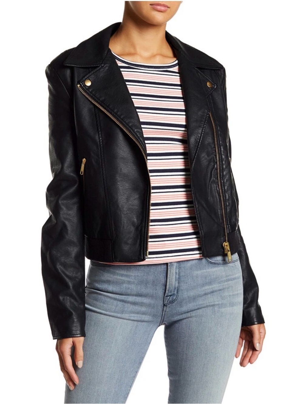 Free People Black Faux Leather Asymmetrical Moto Jacket with Gold Hardware